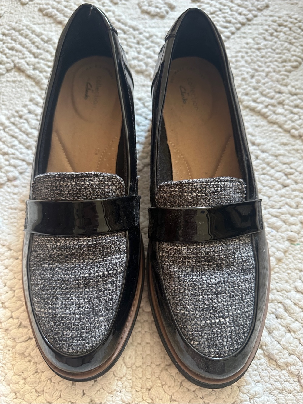 Clarks Black and Gray Tweed Patent Loafers